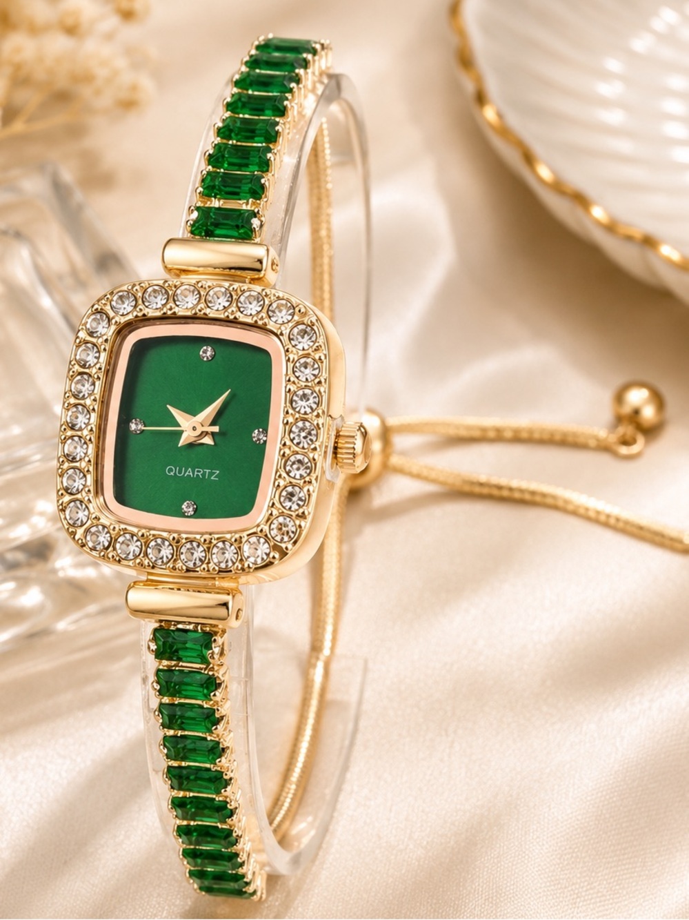 Gold-Tone Green Crystal Accent Women's Quartz Bracelet Watch
